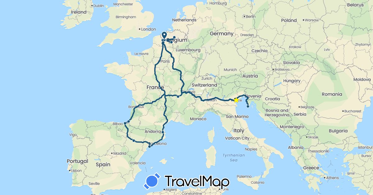 TravelMap itinerary: 2023 in Belgium, Spain, France, Croatia, Italy (Europe)